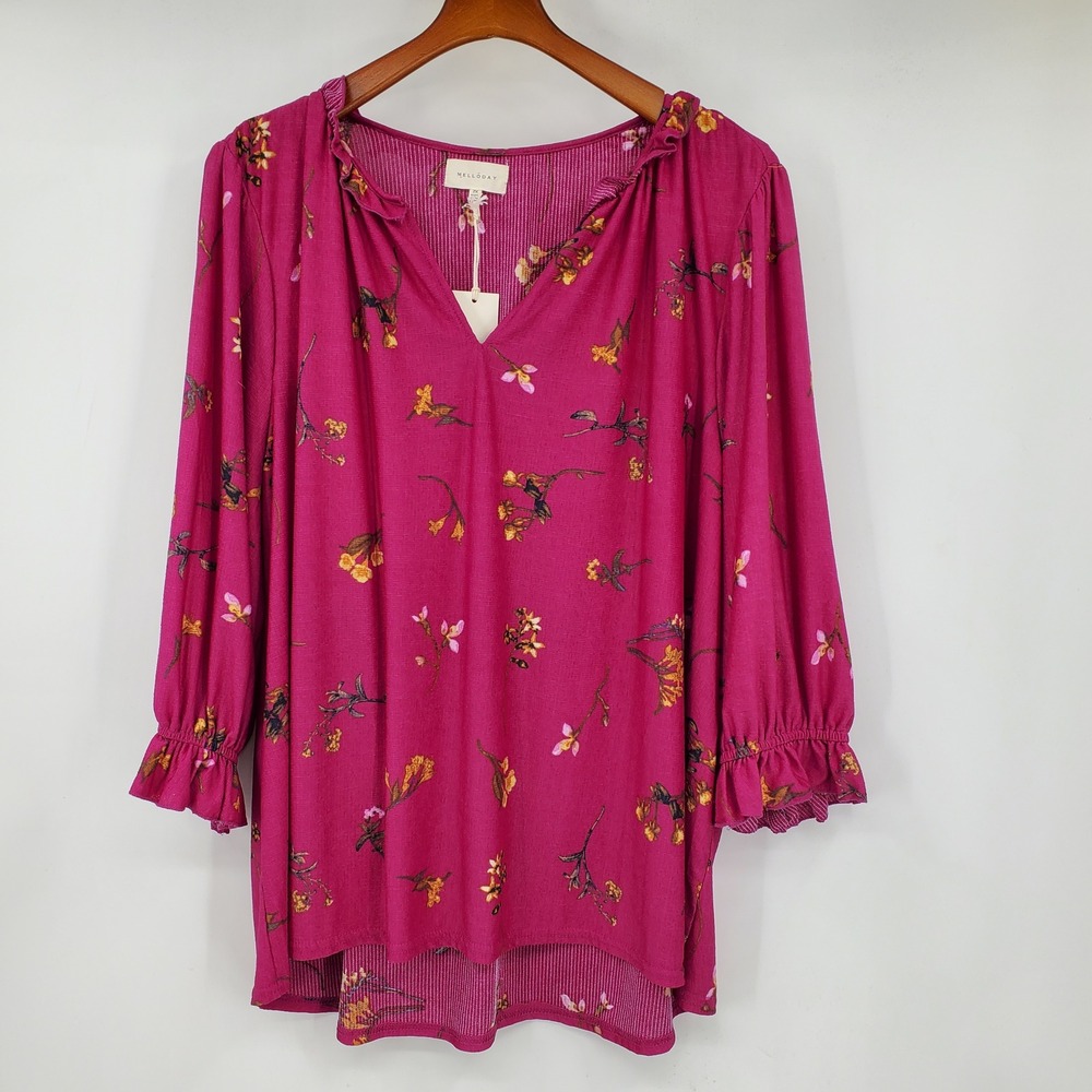 Melloday Pink Floral Ruffle V-Neck Blouse NWT 2X Boho Cottagecore Plus Flowy